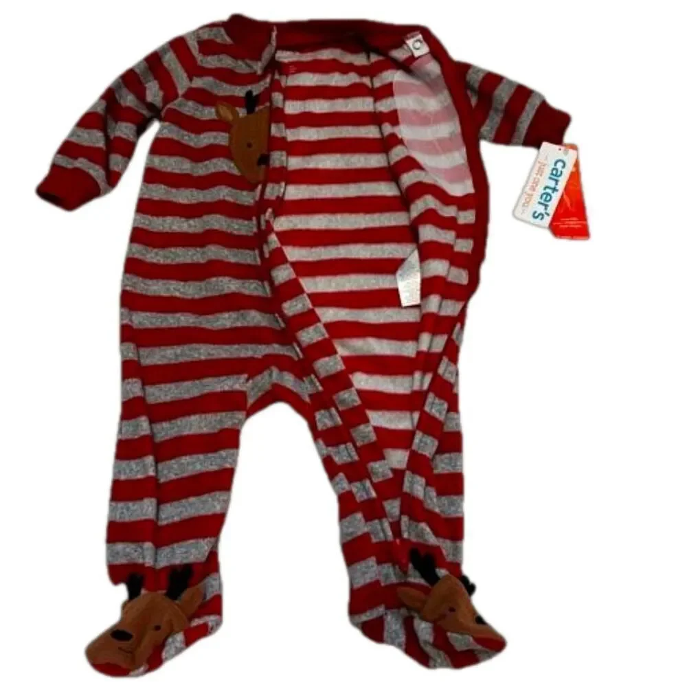 Carters Baby Striped Reindeer Footed Sleeper Onesie Two Way Zip Size 6M Red NWT